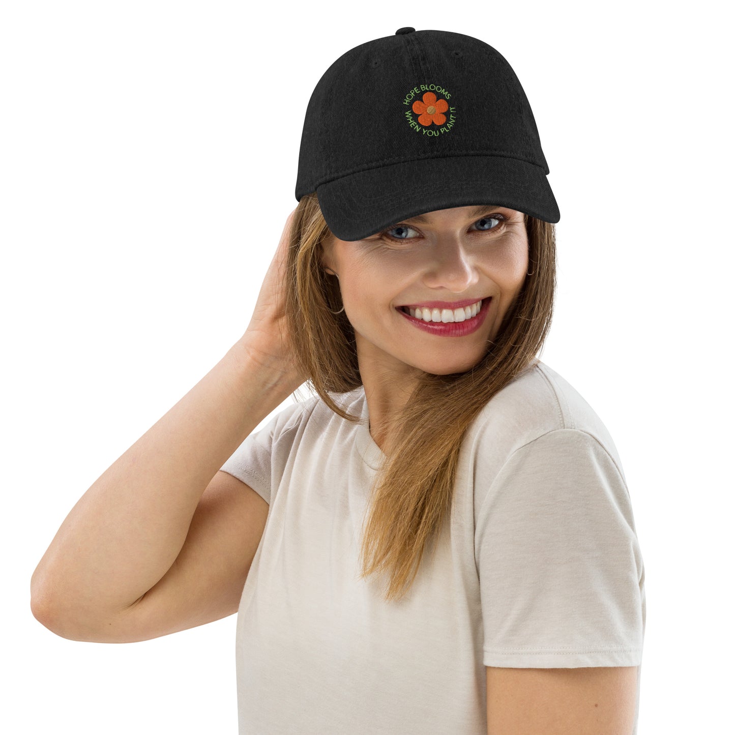 Hope Blooms Black Denim Cap